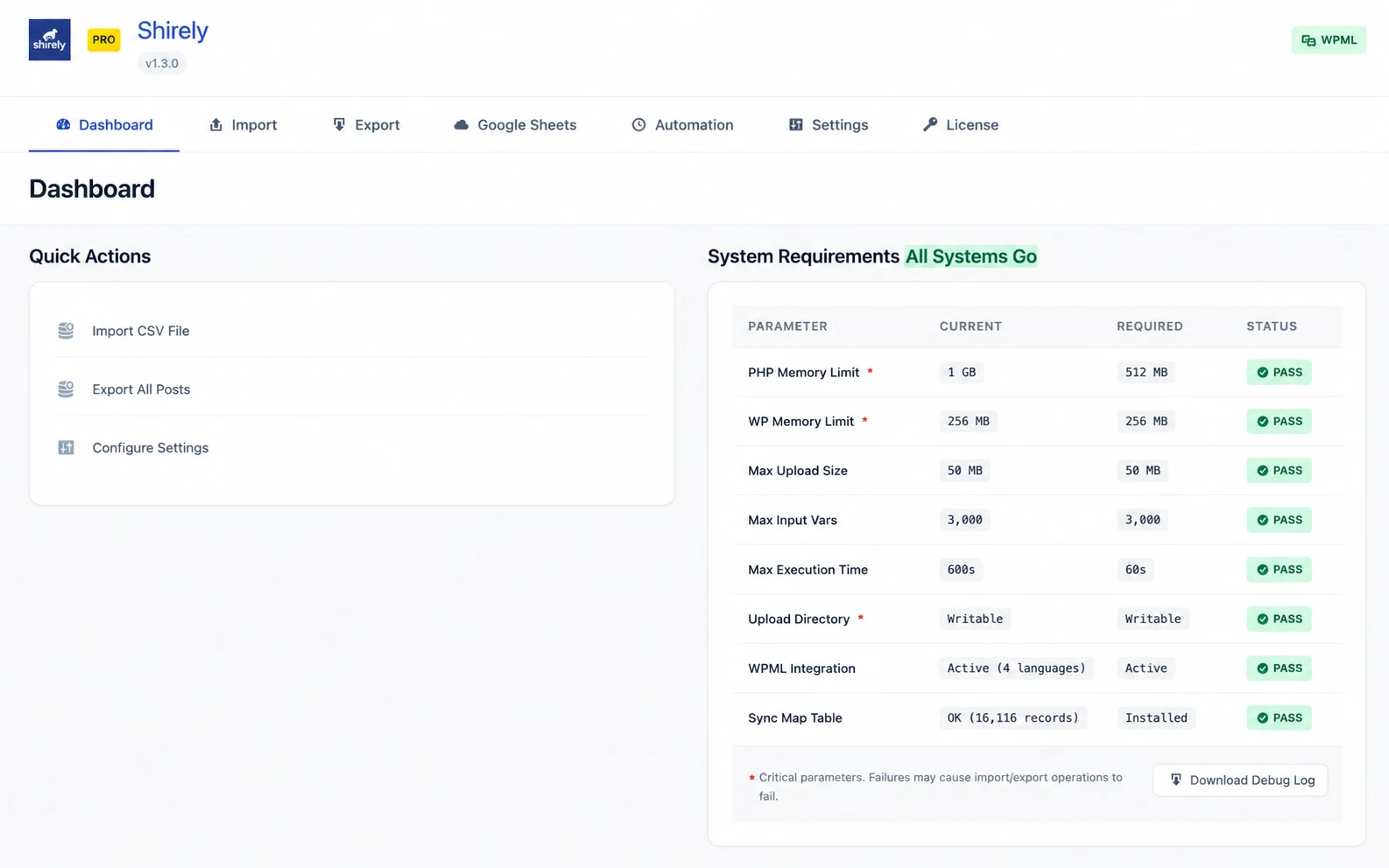 Shirely 1.3.0 Dashboard showing Quick Actions and System Requirements.