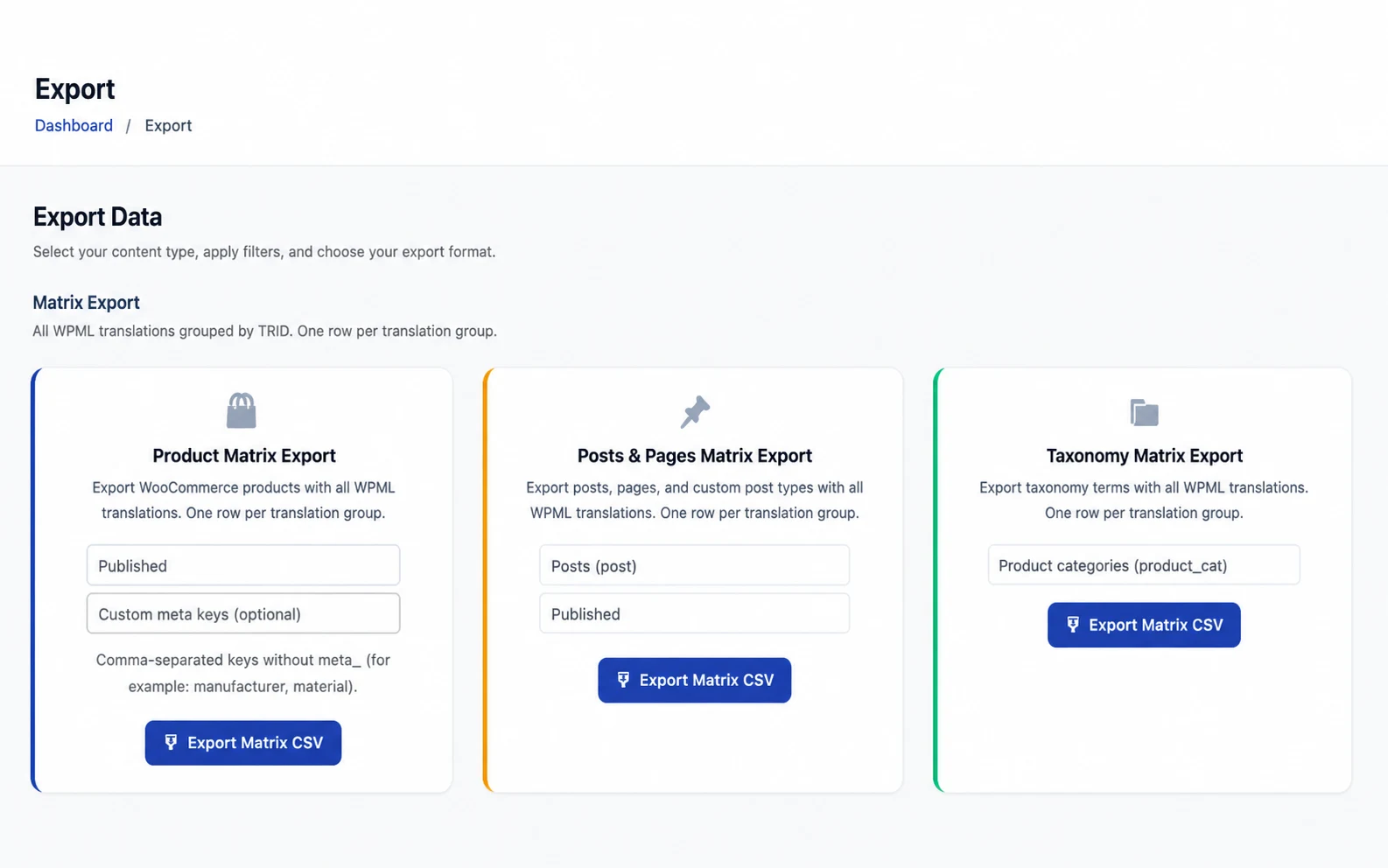 Shirely 1.3.0 Matrix Export options for products, posts and taxonomies.