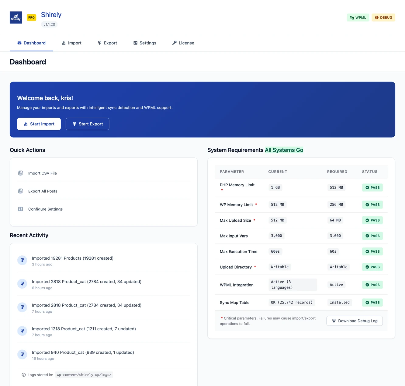 Shirely dashboard - WooCommerce WPML import export overview