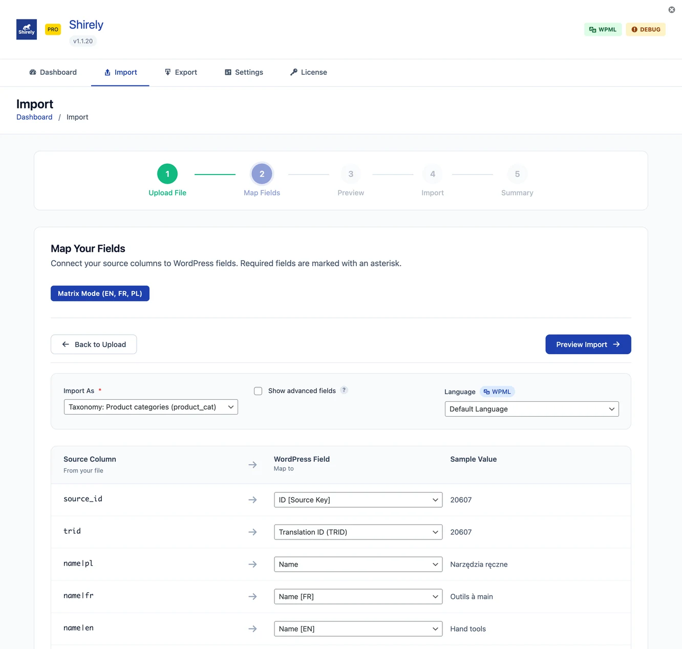 Shirely import field mapping in Matrix Mode: a trid column mapped to WPML translation-group ID (TRID), and name|en, name|fr, name|pl columns mapped to the Name field per language