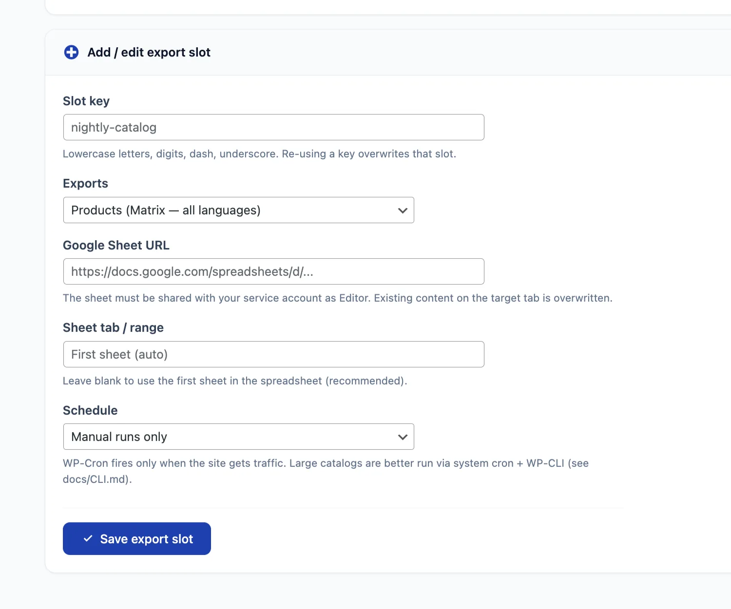 Shirely Automation form for configuring a scheduled export slot.